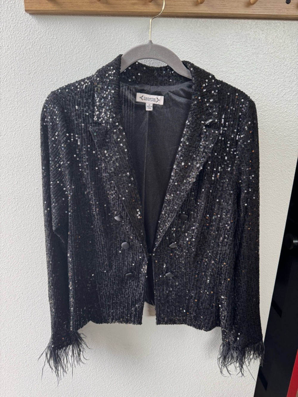 Nanette Lepore Black Sequin Feather Trim Blazer